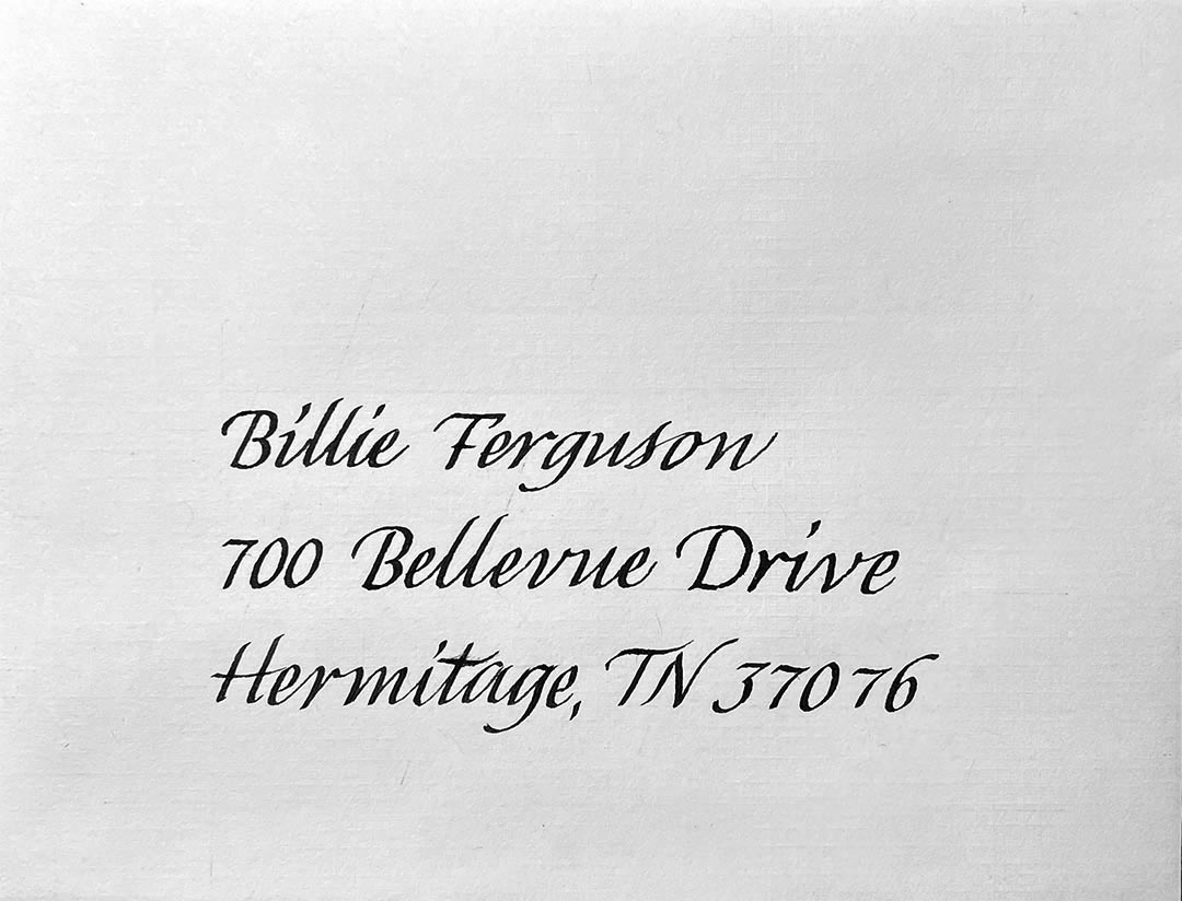 Envelope style sample of Italic Handwriting Calligraphy by Katie Leavens