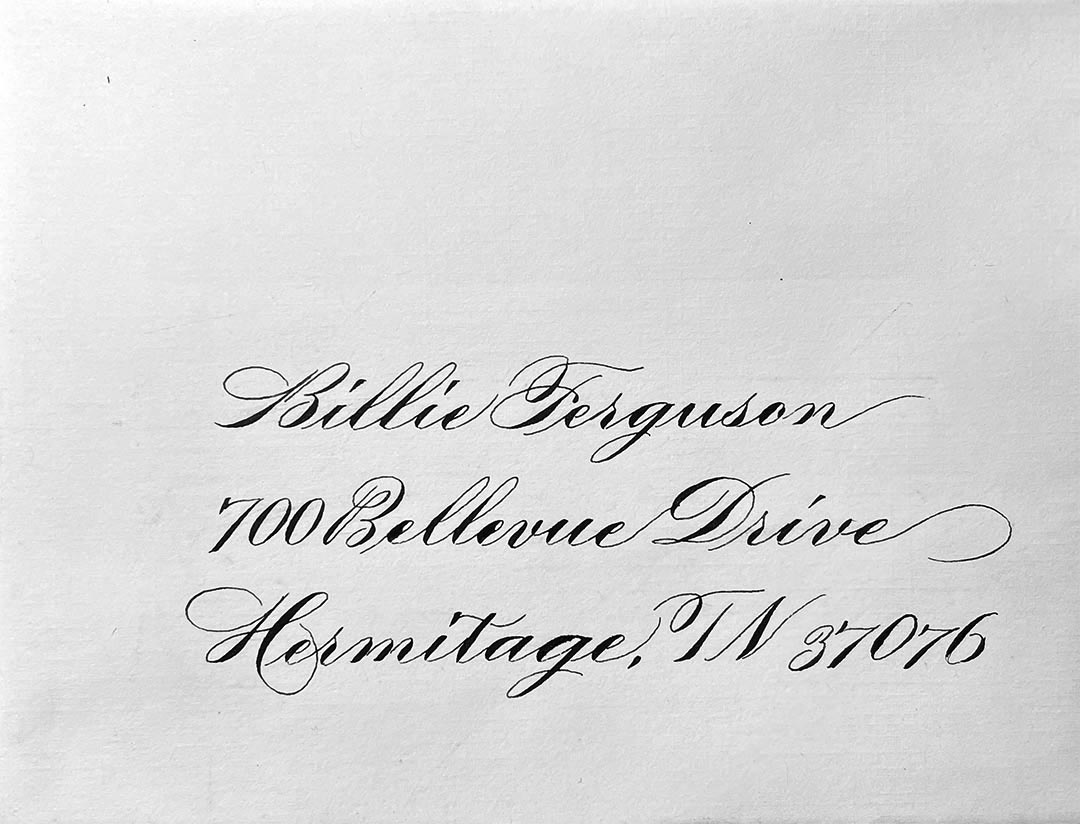 Envelope style sample of Madarasz Script Calligraphy by Katie Leavens