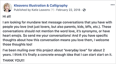 social media post asking followers for text conversations they've had with loved ones by Katie Leavens