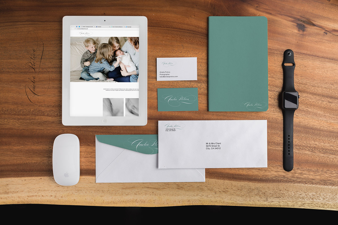 Logo mockups on website, stationary, & wood
