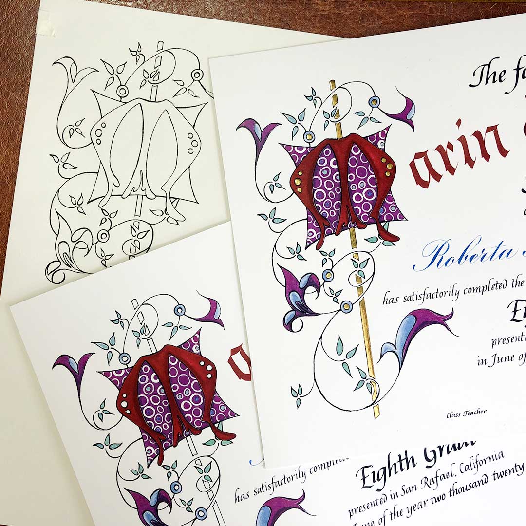 Close-up of the decorated M for the Marin Waldorf School 8th grade diplomas in outline, printed, and fully illuminated by Katie Leavens