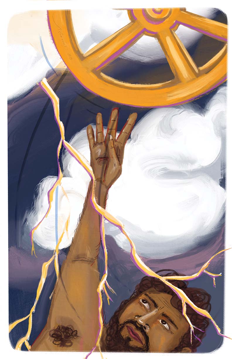 Bearded Taranis throwing his wheel to make thunder by Katie Leavens