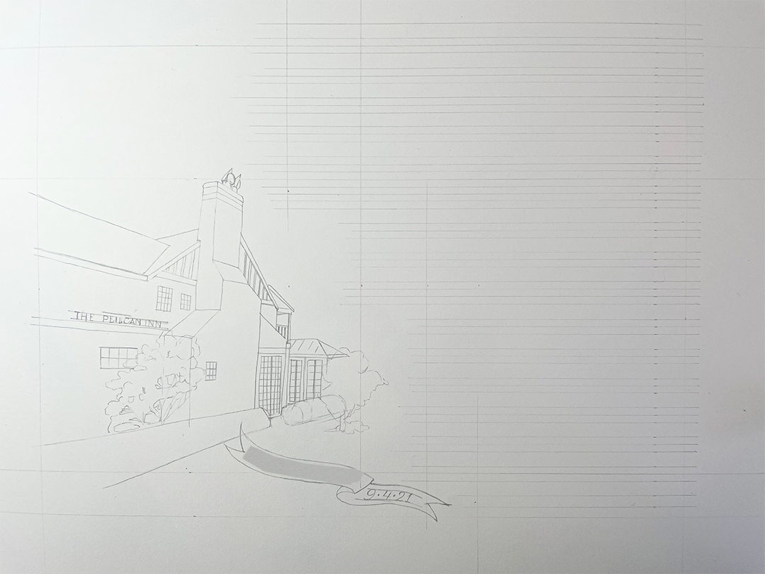 The pencil sketch and lining done for the lettering by Katie Leavens