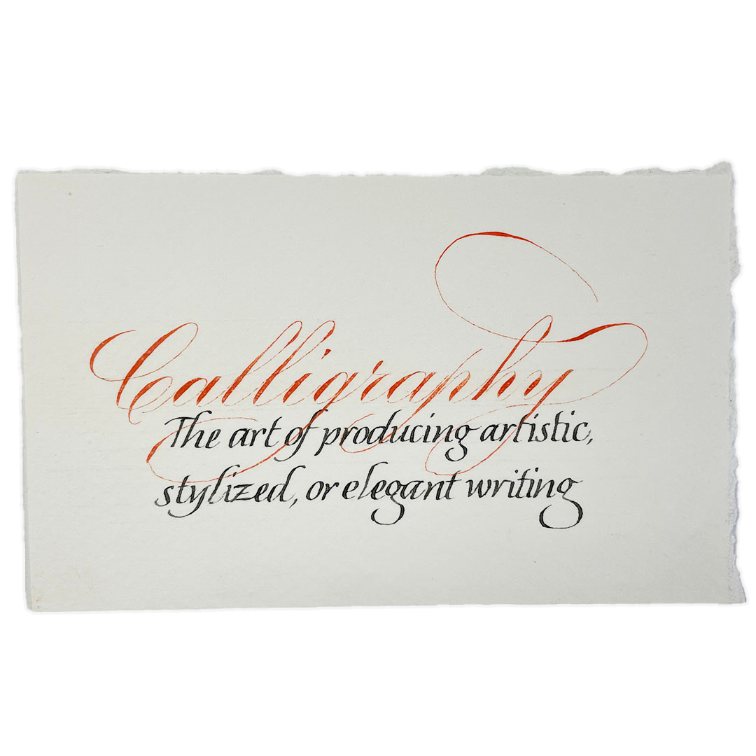 'Calligraphy' written in red copperplate abover 'The art of producing artistic, stylized, or elegant writing' in a smaller black italic calligraphy
