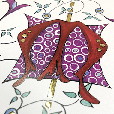 red lombardic m on purple background with white & blue circles in medieval style