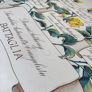 family tree names written in copperplate and roman capital calligraphy on white and brown banner connected with painted yellow roses