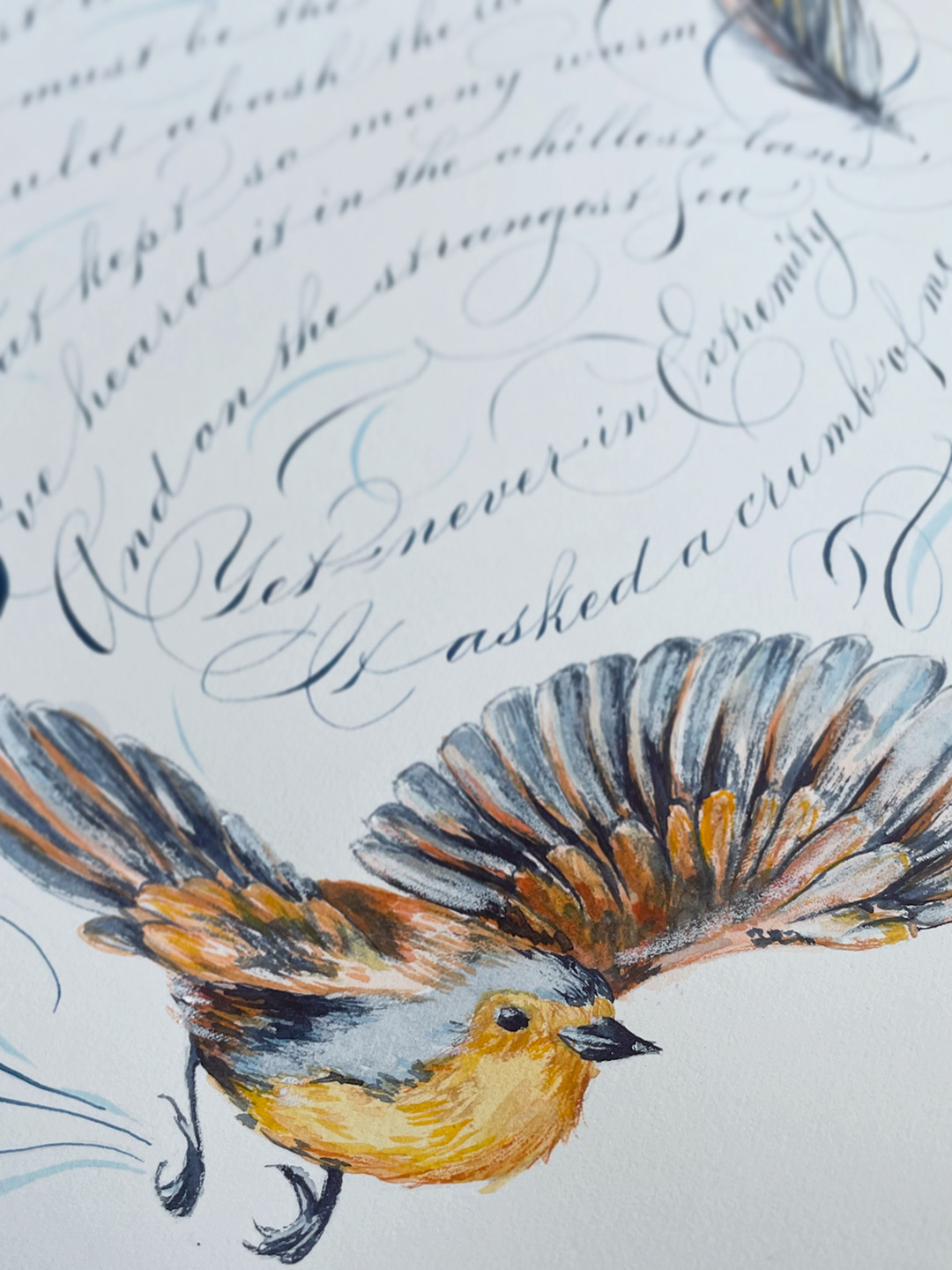 painted bird flying through a whirlwind of text