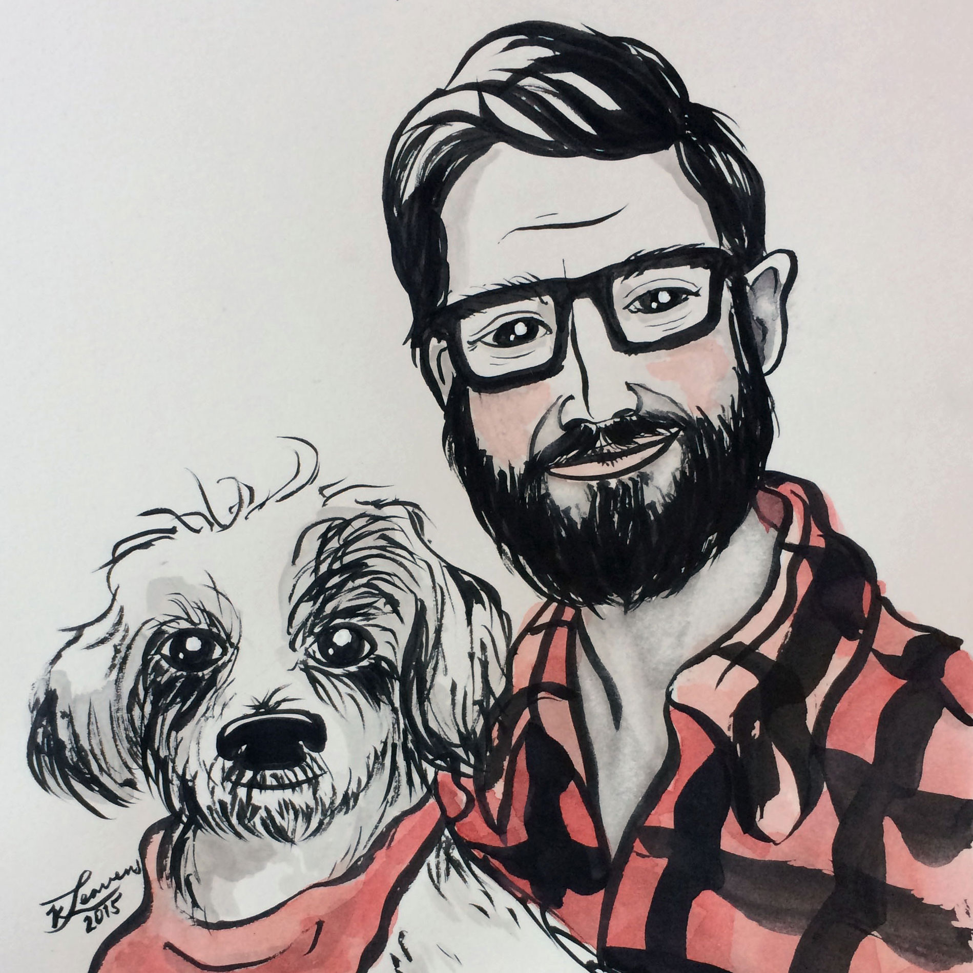 black ink illutration with red watercolor wash of a man and his dog