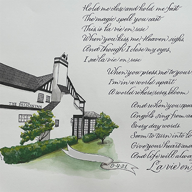 illustration of Pelican Inn with song lyrics in modern copperplate around