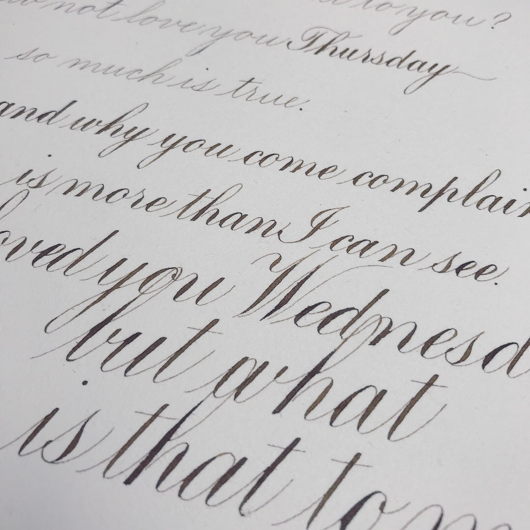 close-up of Engrosser's Script in walnut ink
