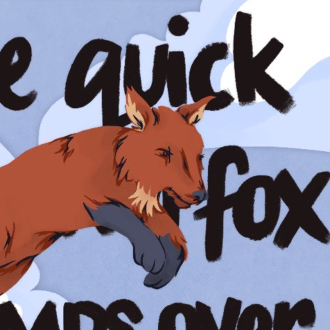 crop of illustrated fox jumping through letters in blue sky